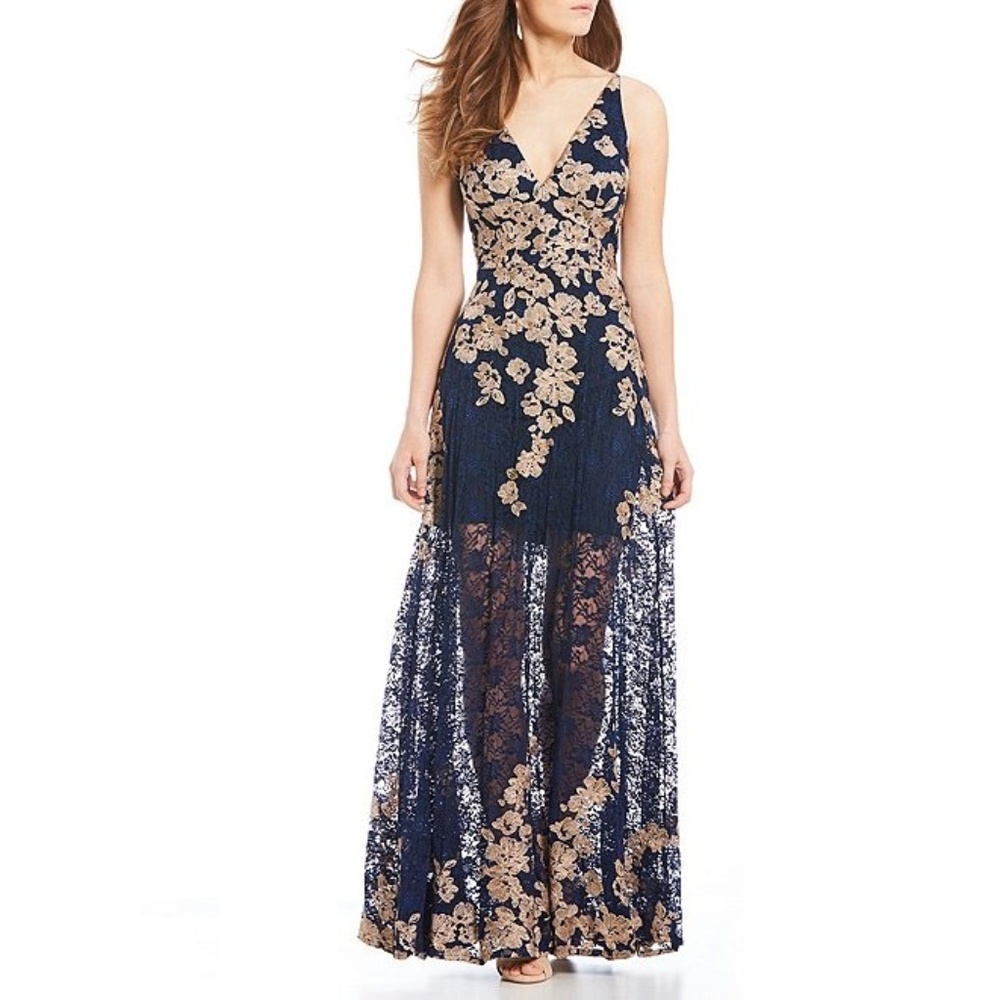 Xscape Sleeveless Long Lace Embroidered Gown